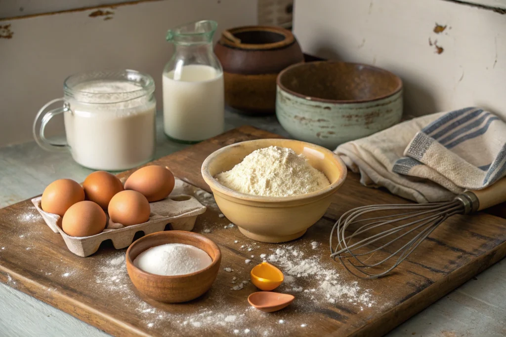 Recipe for Cracker Barrel Pancakes Ingredients for Cracker Barrel pancakes displayed on a table