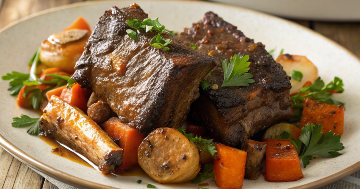 Beef short ribs seasoning with oxtail spices, served on a plate with garnishes.