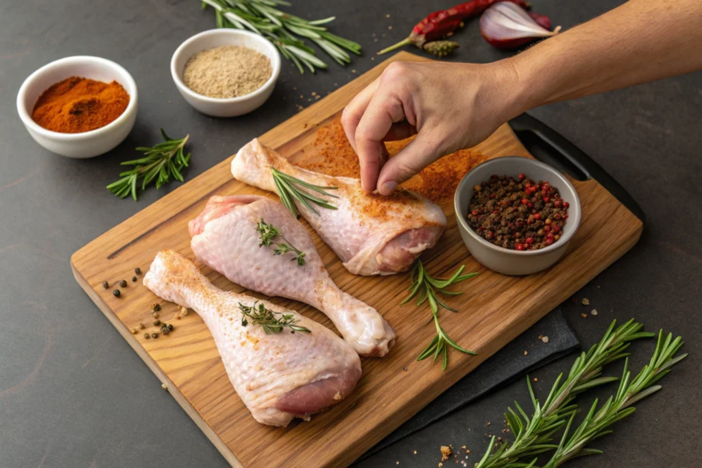 Turkey Drumsticks Recipe – 3 Easy & Juicy Cooking Methods Turkey drumsticks being seasoned with spices and herbs on a cutting board