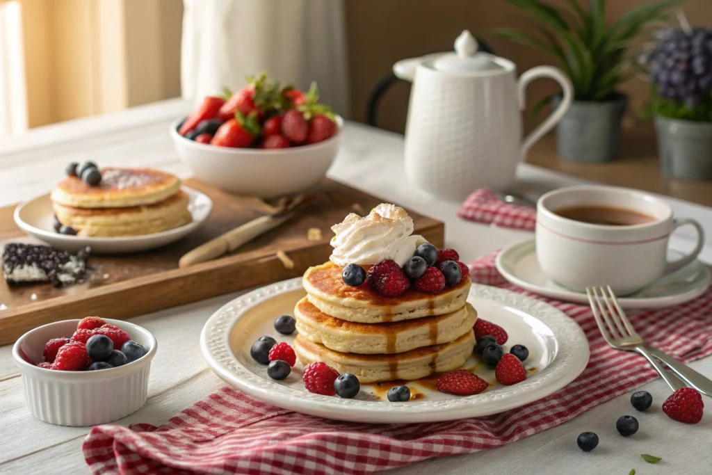 Recipe for Cracker Barrel Pancakes Pancakes with whipped cream and fruit toppings