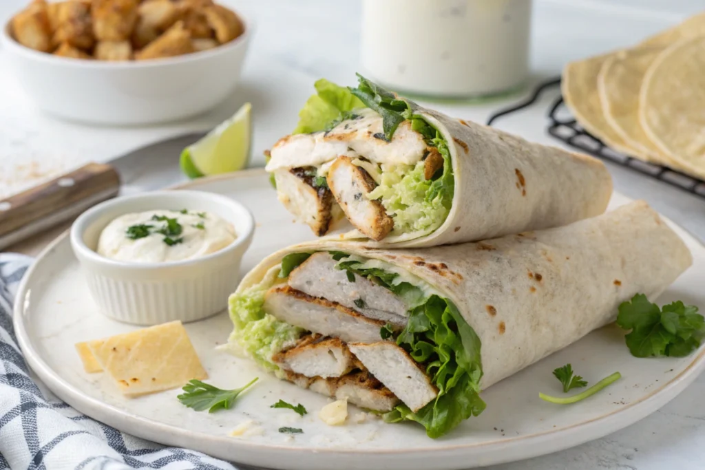 Caesar Chicken Wrap Calories with ingredients displayed.