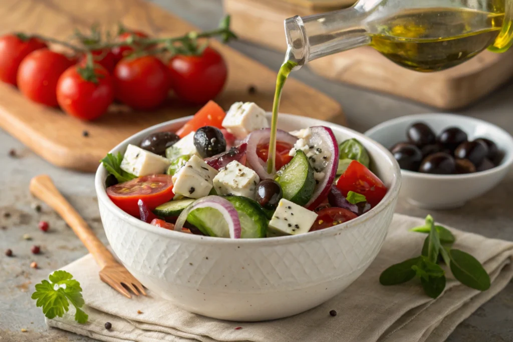 A Greek Salad Calories served in a white bowl with fresh vegetables and feta.