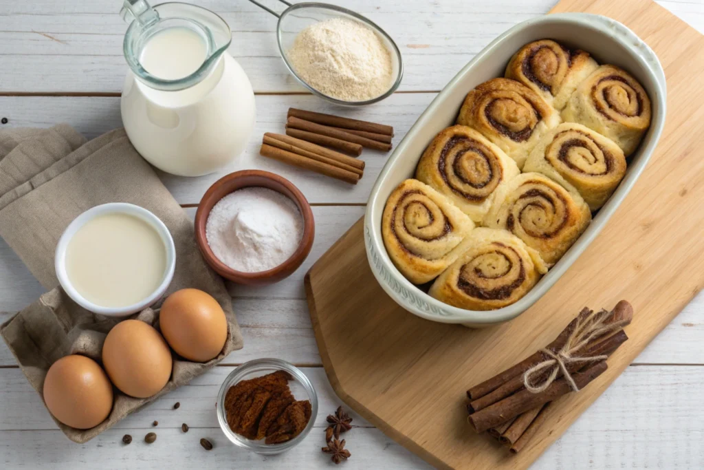 Roll French Toast Bake: A Simple and Delicious Breakfast Recipe Ingredients for cinnamon roll French toast bake displayed neatly.