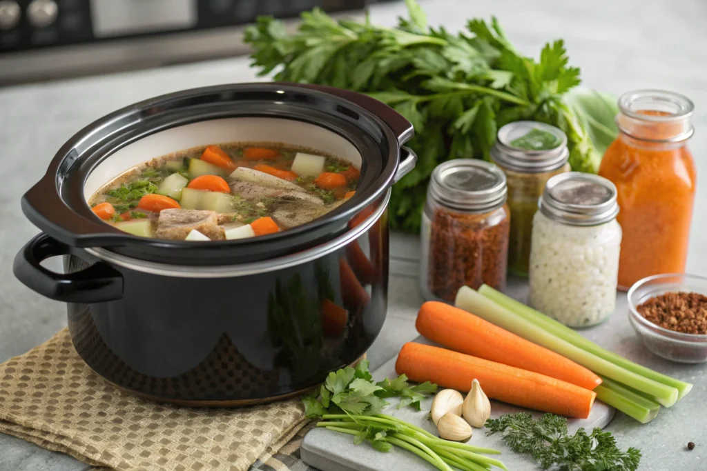 Soup Bone Recipes: 10 Incredible Ways to Unlock Flavor Slow cooker filled with soup bones and vegetables