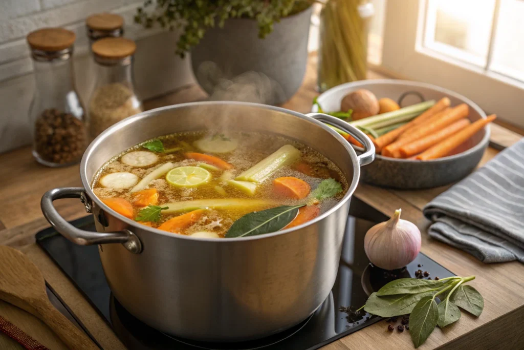 Soup Bone Recipes: 10 Incredible Ways to Unlock Flavor Bone broth simmering in a pot with vegetables and herbs
